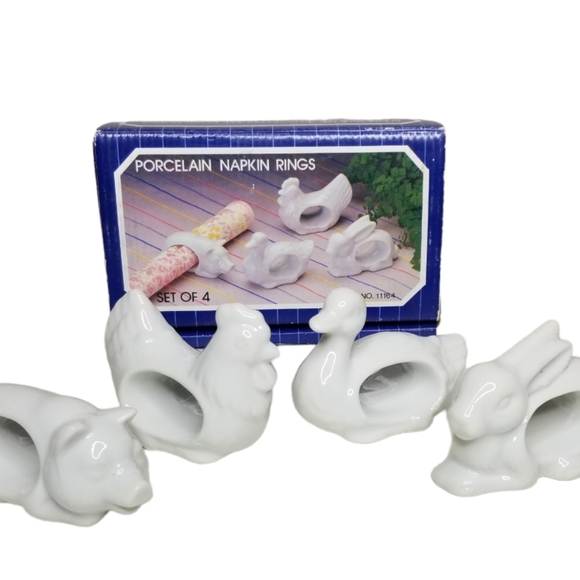 VINTAGE 1984 White Porcelain Animals Country Farmhouse Set 4 Napkin Ring Holders - Picture 9 of 9
